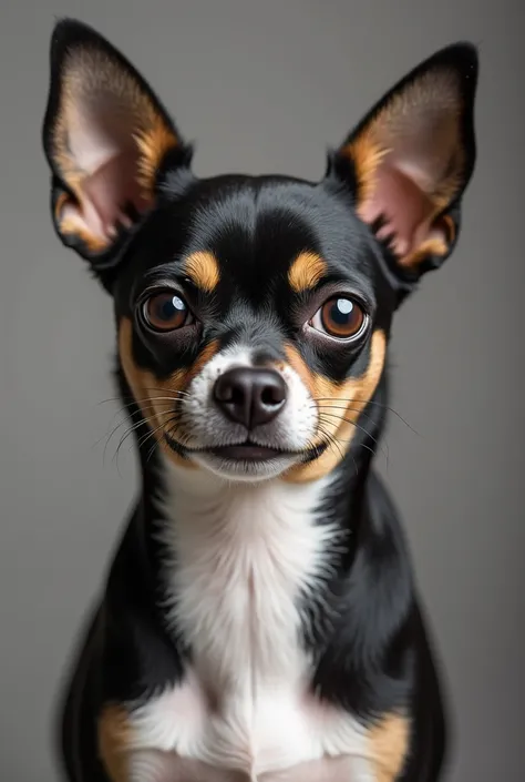 
Picture of an adult chihuahua dog (s approx.) in black with white eyebrows and white shade, nose and little black body