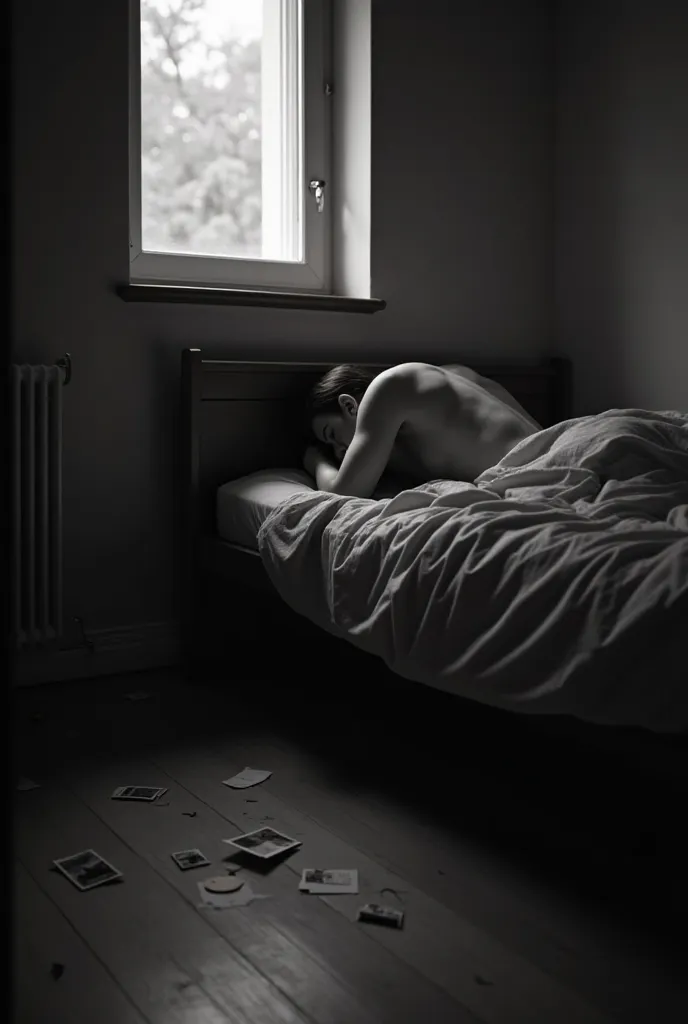 Un homme ou une femme assis(e) au bord d’un lit défait dans une petite chambre sombre. La tête est cachée entre les mains, des ombres profondes couvrent son visage. Une fenêtre entrouverte laisse entrer un faible rayon de lumière, illuminant légèrement un ...