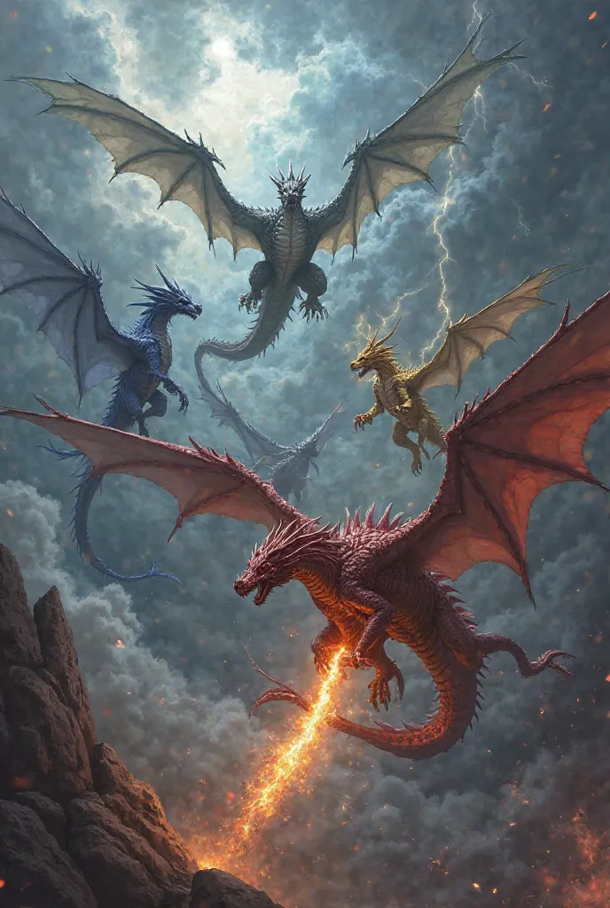 make an image of big dragons, one silver, one royal blue, one black, one gold, and one maroon to be at the center. roaming around the sky, showing power of fires, make a stormy background