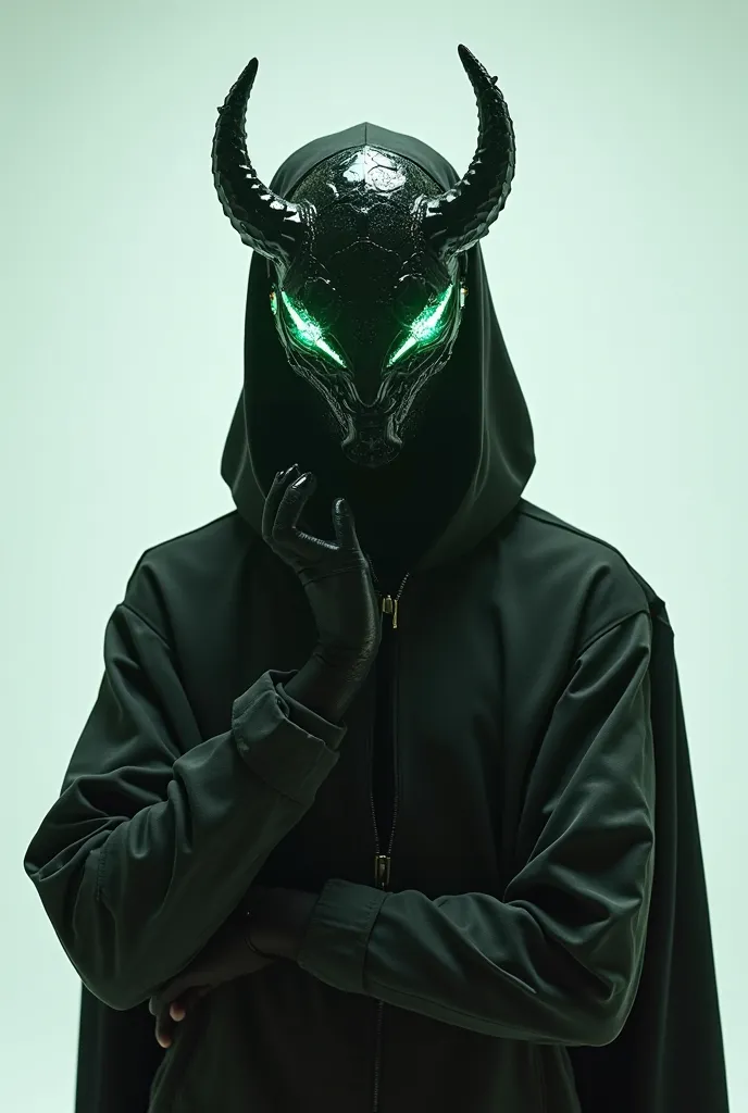 20-year-old young person wearing a black demon helmet , That covers the entire face with jade green lights , with hand on shoulder and looking straight ahead in a white room,