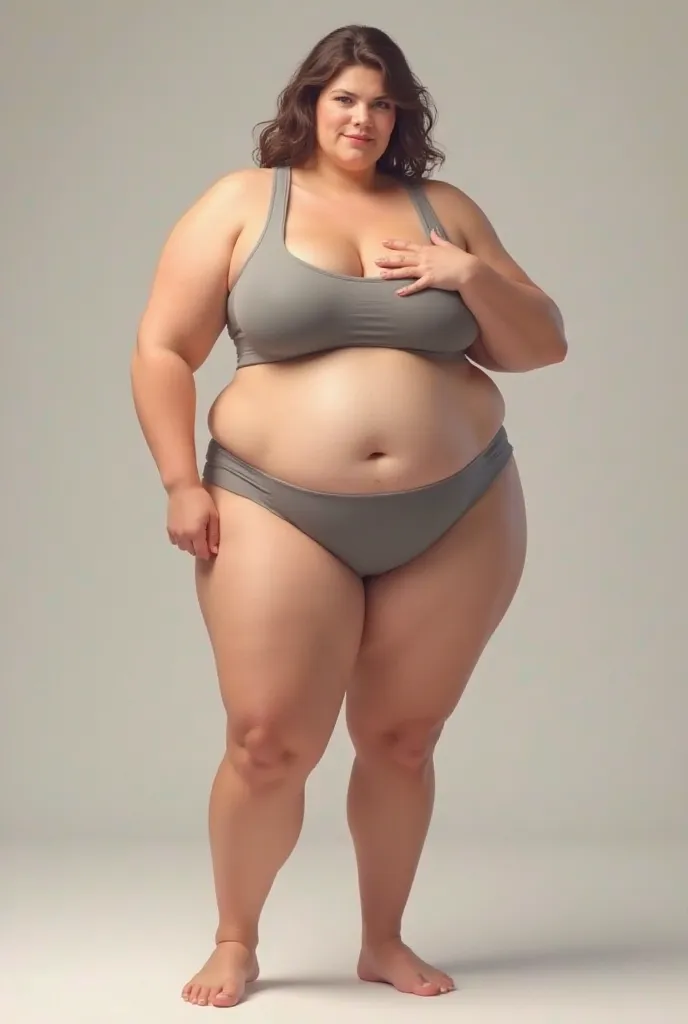 Short, fatter legs, gray underwear, average chest. Standing upright, holding her chest with one hand, not too fat, no belly, average chest 