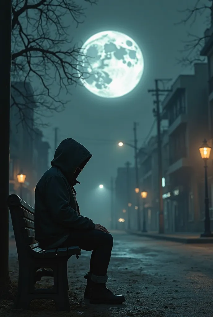 A person wearing a jacket with a hood, sitting on a bench in a dusty night, with the dim lighting of a street lamp and a bright moon

