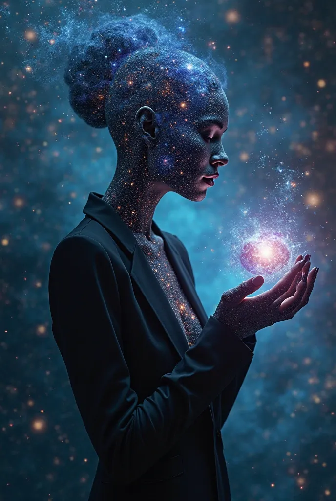 "An elegant humanoid being, woman wearing a sophisticated black suit, with a face that looks like a vast universe filled with galaxies, bright stars and nebulae. His hands emanate a cosmic energy while delicately holding a small planet, as if it were shapi...