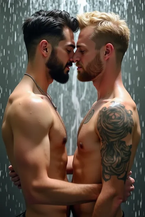 "A super realistic image of two men in a loving relationship, sharing an intimate and affectionate moment in the shower. The first man is 29 years old, with a light beard, black styled hair, and wearing a silver necklace. He has a large, fine-line tattoo c...