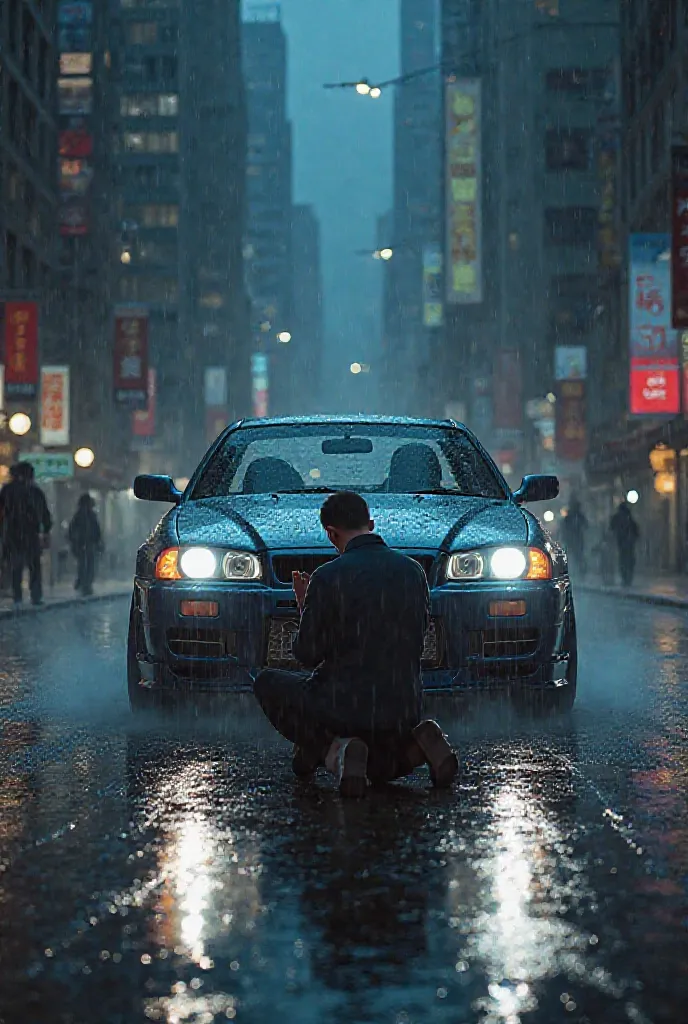 Create a realistic image of a blue gtr r34 in the rain with the headlight on in the middle of the street with a person kneeling with their hands 🙏