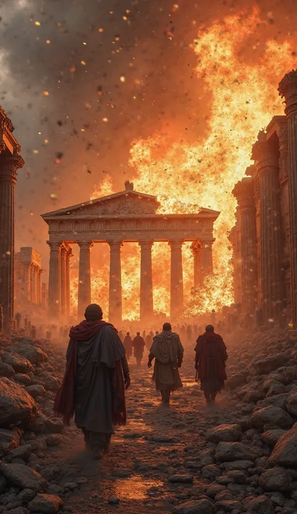 "Create an ultra-realistic 4K HD scene that illustrates the devastating destruction of Jerusalem by the Romans in 70 d.c. The image must show the Temple in flames, with ruined ancient columns and Roman soldiers marching through the wreckage. Use a dark col...