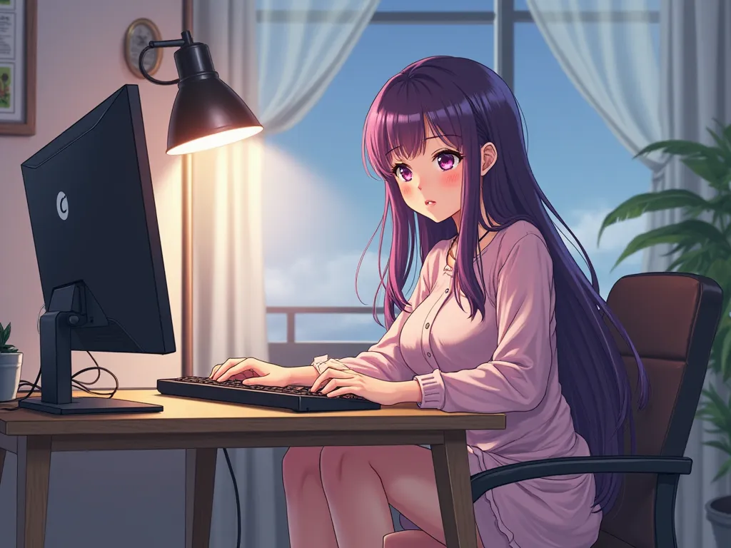  . Anime woman wearing home clothes  ( She's looking at the computer)  And you think . .   body , Big thighs and big breasts with a confused face and a very reddish cheek.wide eyes,  purple eyes long purple hair . . .   She is sitting on the chair and work...