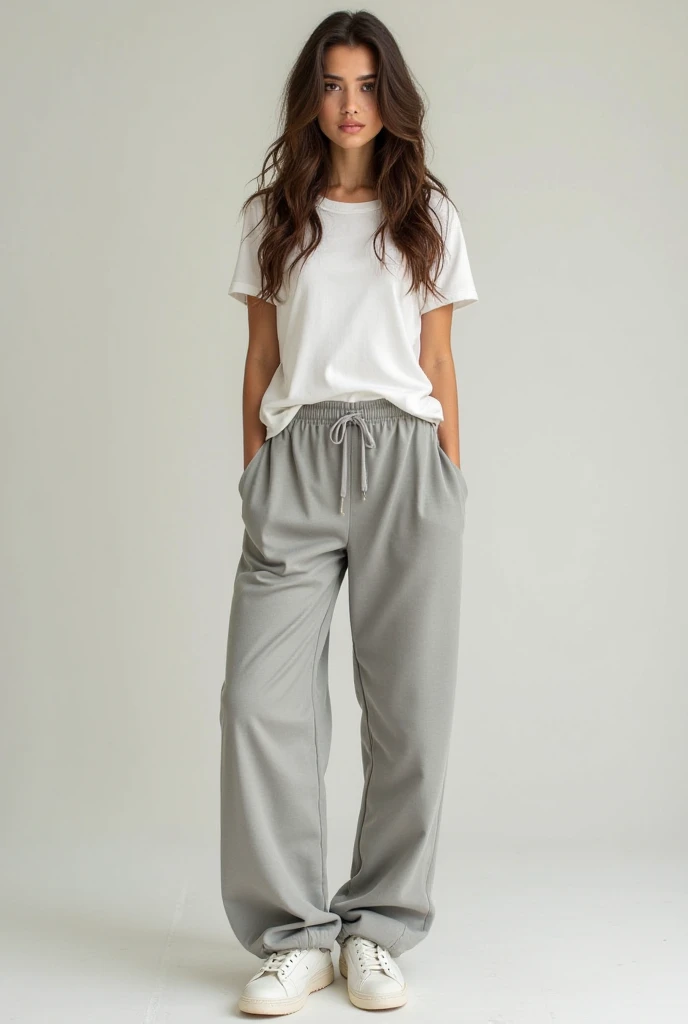 tall woman, long wavy brunette hair, brown eyes, white t-shirt, light gray wide leg sweatpants, white thick soled sneakers