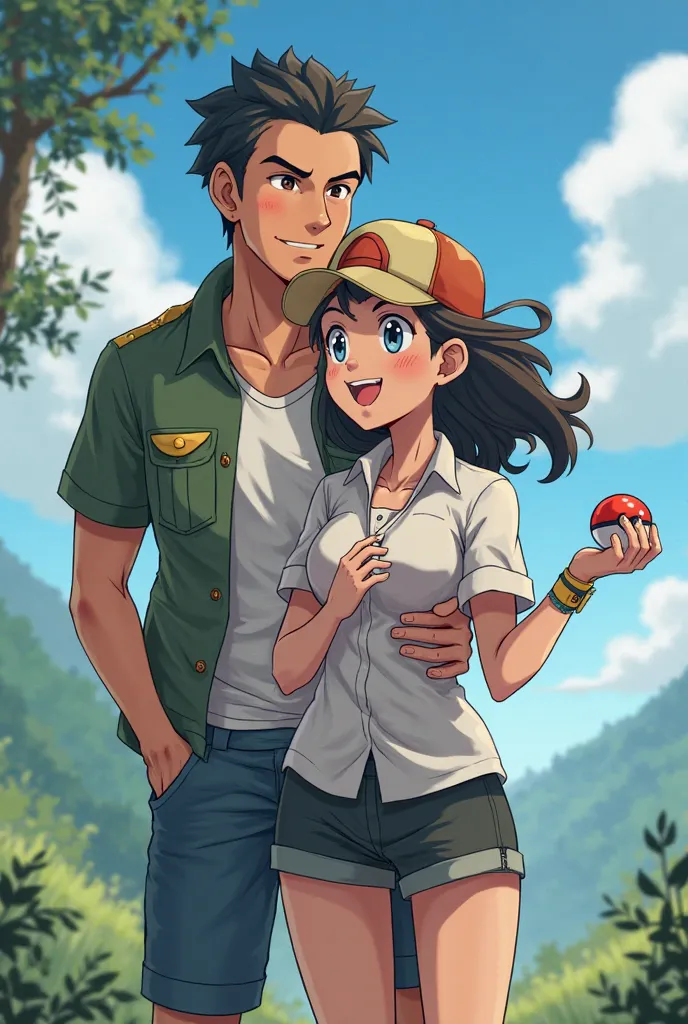 mature man and woman as pokemon trainers, Man hugging woman from behind and woman  holding a Pokéball with her arm stretched forward, presenting it toward the camera, full body, anime style, drawing