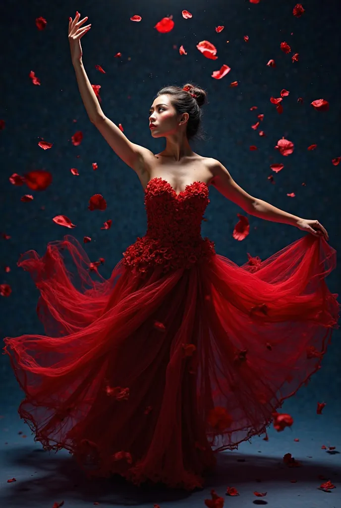 Create an image A beautiful dancer in a flowing gown made of red petals, captured mid-movement, surrounded by swirling petals in a dark blue background. Emphasize the fluidity and grace of the pose, highlighting contrast between the vivid red dress and the...