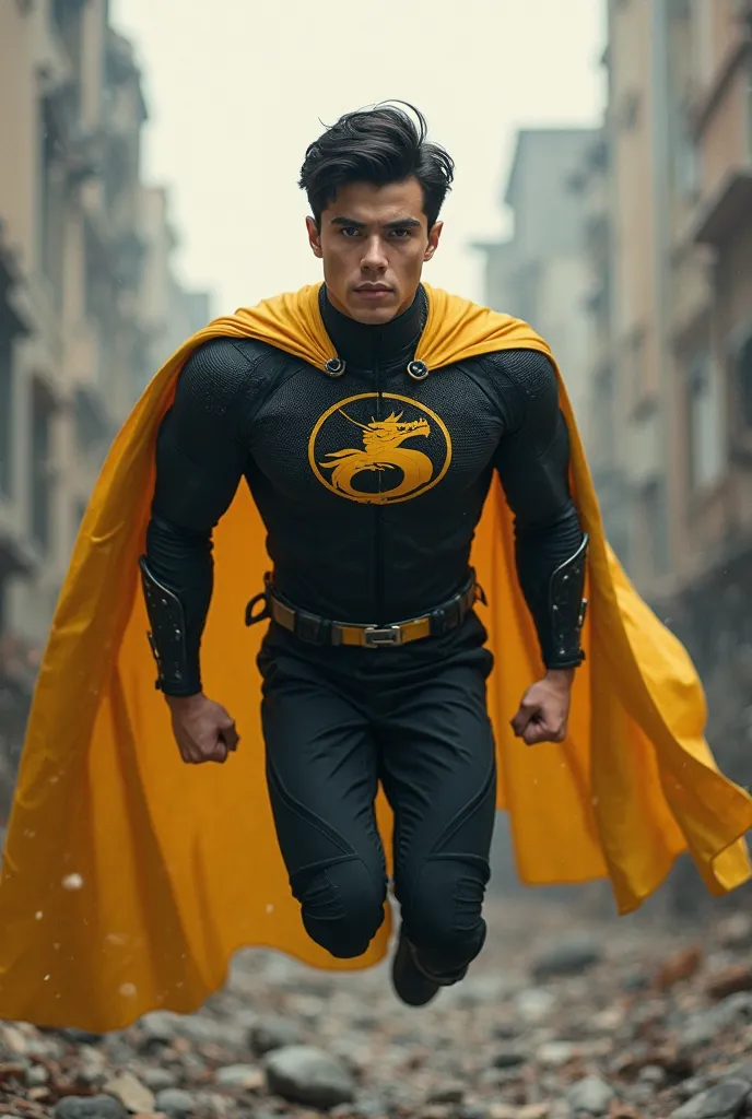 Male black short hair black symbolless superhero costume, 2 meters tall with a dragon symbol on his chest, flying vertically in the air, right arm folded 90 degrees, fist clenched, muscular, young and tough looking, arms covered by his suit, yellow cape, i...