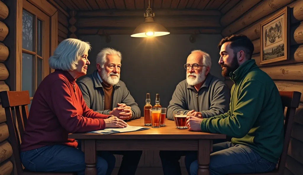 You can see a family of four sitting in the living room of a small log cabin without windows, one of them is an old woman wearing a red sweater and white hair, another a man of forty years with a black beard and short hair with a gray sports jacket , anoth...