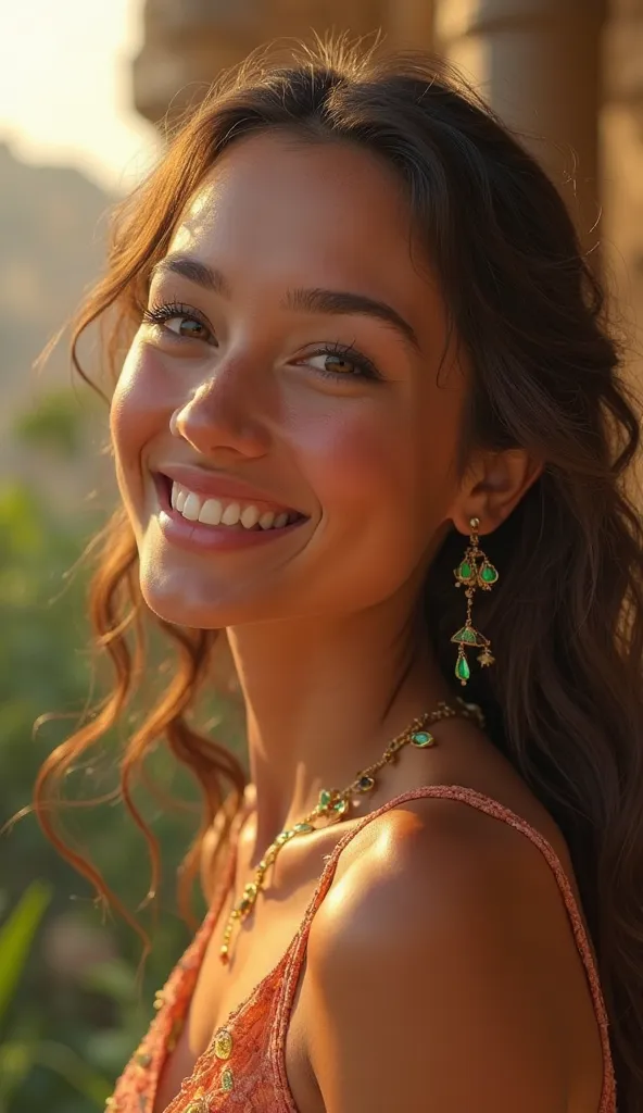 Amytis smiling in awe, hyper-realistic, high resolution, with minute details like radiant skin and bright eyes, illuminated by soft evening light, on a terrace of the Hanging Gardens of Babylon with a blurred background of greenery, captured in RAW photogr...