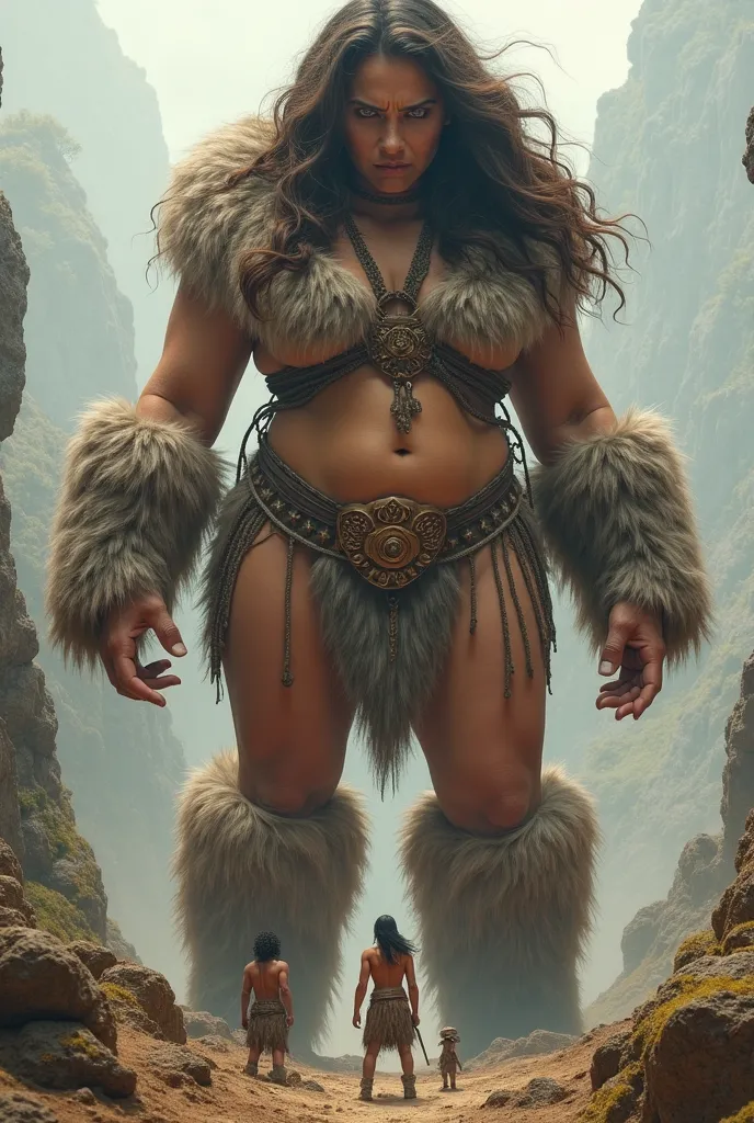 ((A giant woman trampling a tiny miniature village)), Giant woman is middle aged, curvy build with long messy brunette hair, Giant woman is wearing a Fur loin cloth, fur top, fur cuffs and ((fluffy fur boots)), Giant woman has a expression of anger, ((Gian...