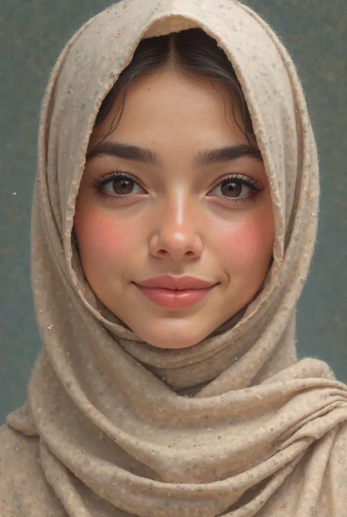 A beautiful hijab woman. The color of the eyes is black. The color of the hijab is beige. Real and realistic features smiling