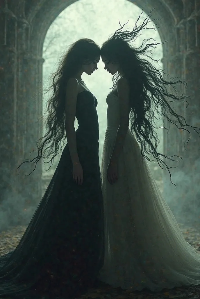 Two silhouettes of Gothic women with long hair, one acting as a spider and the other as a mantis.