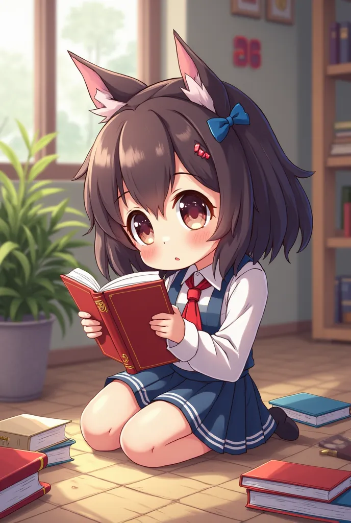 a girl reading a book while sitting on the floor with books, an anime drawing of Kanbun Master , tumblr,  Pixel art , beautiful!! Chibi!!! Schoolgirl,  schoolgirl, dlc, arte digital avanzado de Chibi, beautiful detailed digital art, Chica Chibi, Moe Style ...