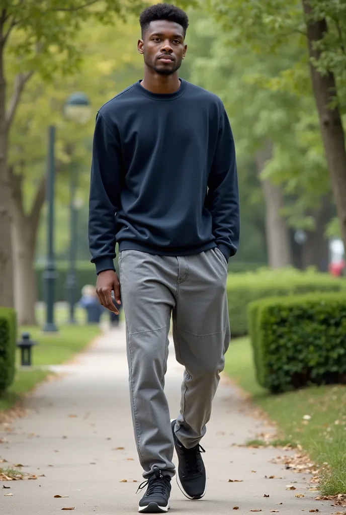 Realistic photo of a 20-year-old young man walking in a public park. He has dark skin, short black hair, and is wearing straight-leg gray pants, black sneakers, and a dark blue sweatshirt. The camera taking the photo is at the level of his feet. 