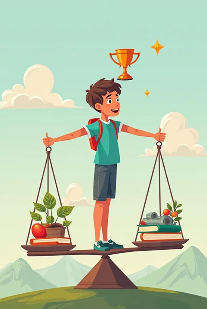 Create an image that represents a scale where a student is balanced with education as one of the elements of the scale and within education elements that represent entrepreneurship and sustainability, the boy must be at the top holding a trophy that repres...