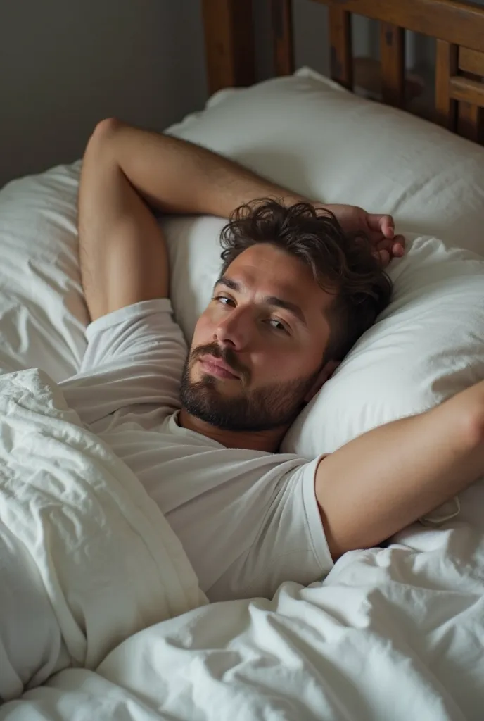 there is a man with a beard laying in bed with a pillow, laying in bed, posing in bed, while posing in the same bed, laying back on the bed, on my bed, laying down, taken in the early 2020s, laying on a bed, snapchat photo, lying in bed, lying at the bed