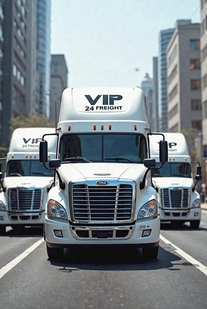 White trucks that say VIP 24 freight /7