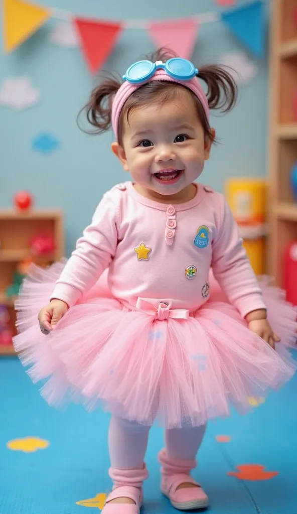 An adorable baby dressed in a pink ballerina costume, including a tulle skirt and a jumpsuit stylized with small badges. She wears a pink hair band with blue glasses on her forehead.  Her face expresses happiness , with a radiant smile.  The background is ...