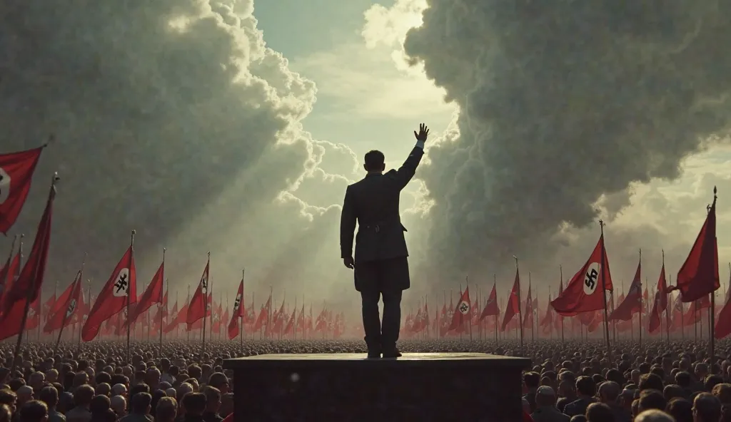 A dramatic and cinematic image: Adolf Hitler, on a platform at the height of his power, dressed in Nazi uniform, raising his arm in salute. In front of him, a crowd of thousands of people, with red flags and swastikas fluttering in the wind. In the sky, da...