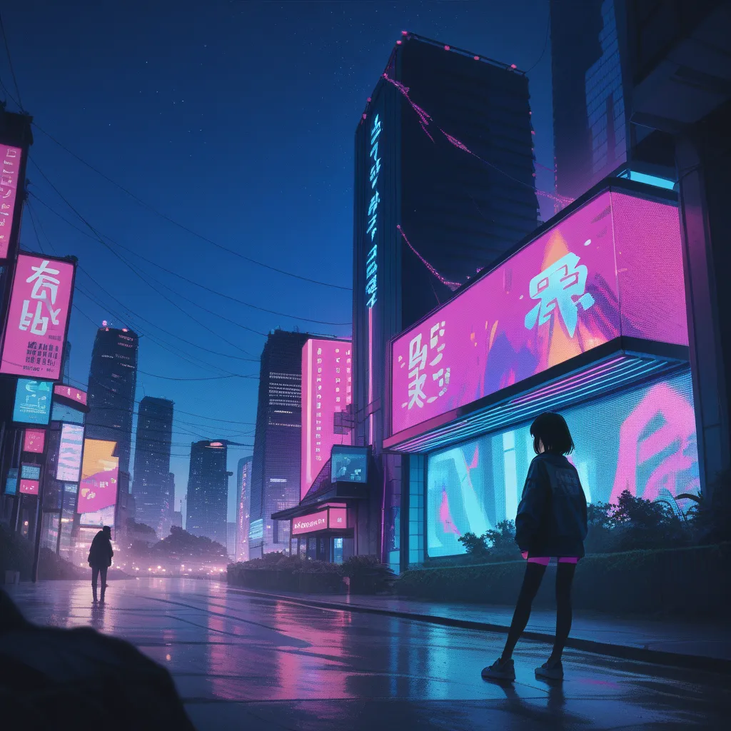 Japanese girl .  In the future city . Night. Neon. glitch. Error. 