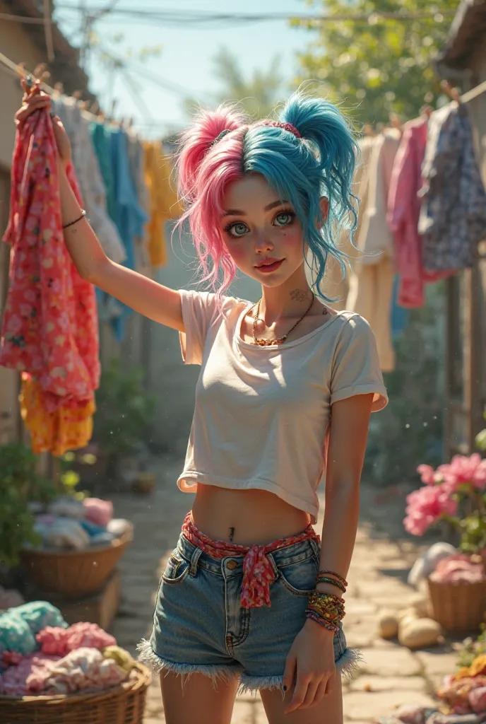 A realistic image of Harlequin in high resolution (4K), Facing the camera, hanging clothes on the clothesline in your house. With a bold look and a mischievous smile, she holds a colorful piece of clothing as the wind gently rocks your blue and pink hair, ...