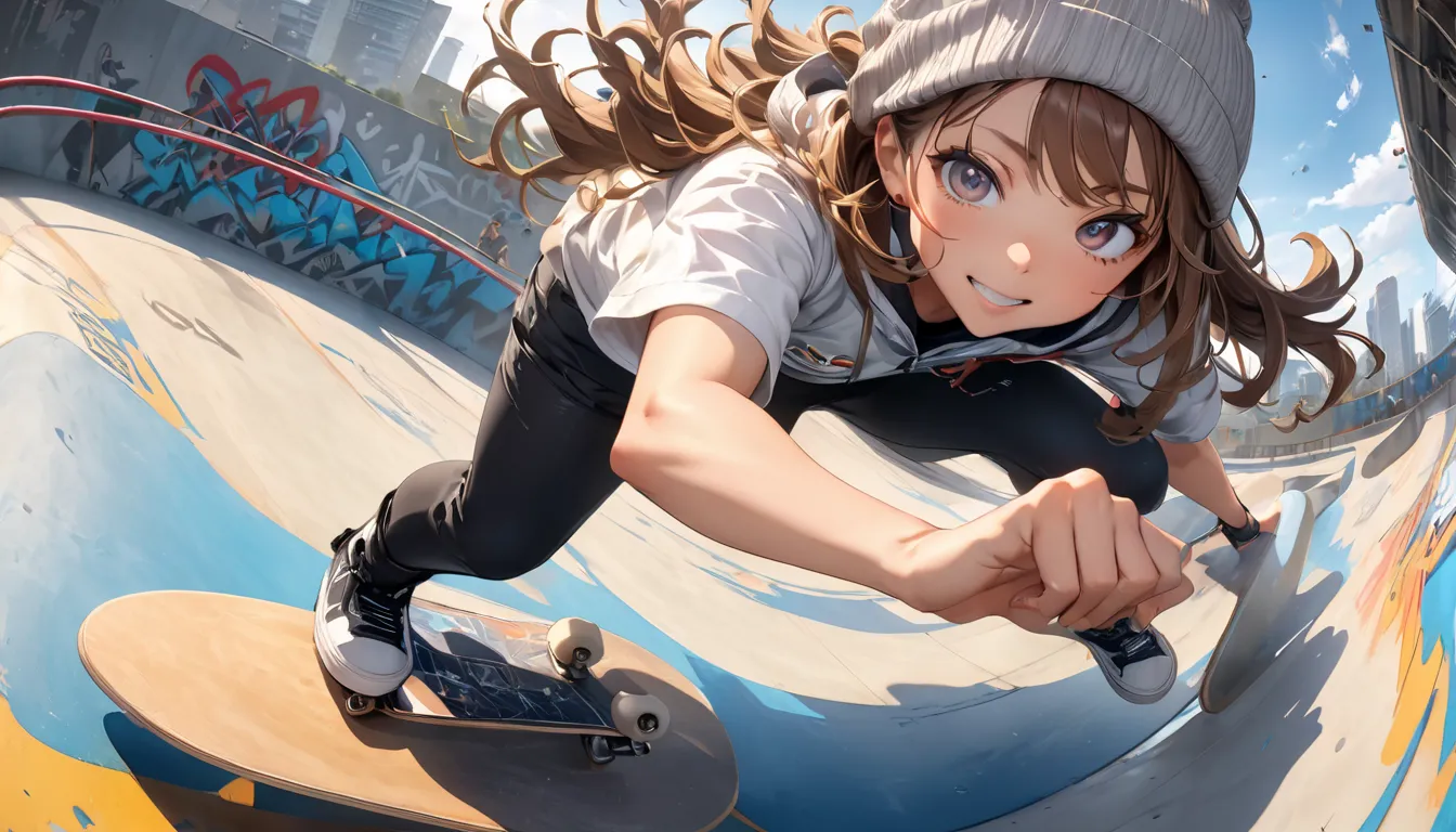 full body image, 2000s style brown messy hair, 楽しそうにSkateboardに乗っている, graffiti,  Grey Beanie ,  anime, {dynamic movement},　1 girl, Best Hands, 8K resolution, Ultra HD, symmetric eyes, close-up, best fingers, 超精巧なSkateboard, dynamic jump, Dynamic Compositio...