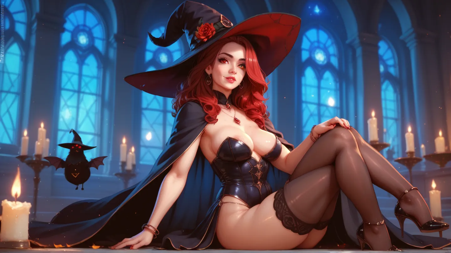 a beautiful witch , Red hair perfect face perfect eyes perfect sexy body,  Ultra-realistic cinematic HDR lighting, resolution 8k. Full body image, no imperfections on the face