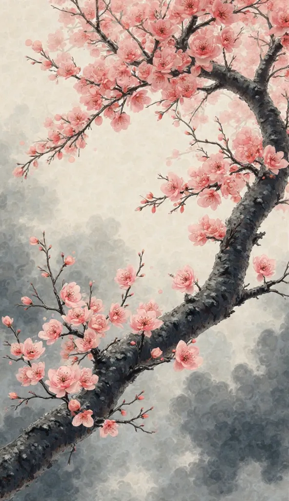 Traditional Chinese watercolor art, watercolor art plum blossom flowers, watercolor plum blossom petals, watercolor plum blossom tree, dark clouds