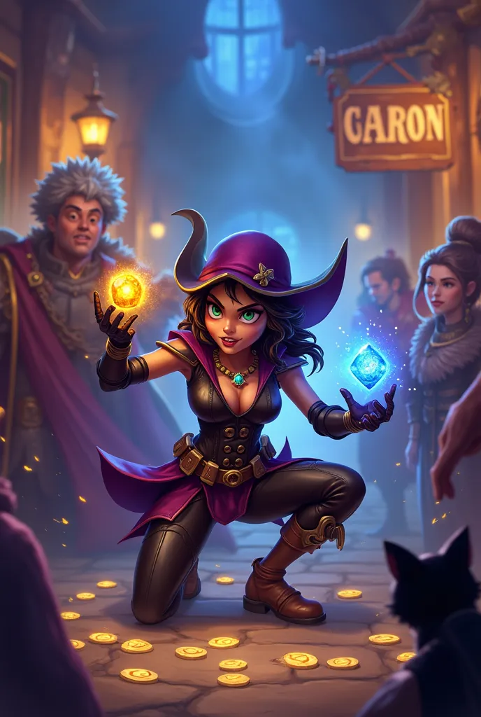 Create a vibrant and stylized scene in the artistic style of Hearthstone, with rich colors and a cartoonish touch. At the center of the image, a sneaky and charismatic Rogue, wearing a detailed leather outfit in shades of black and purple, is in the middle...