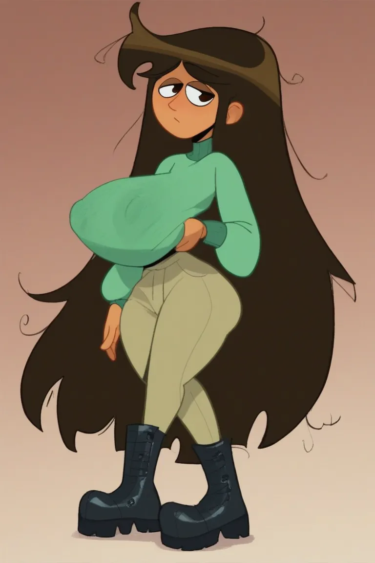 libby, brown hair, brown eyes, very long hair, messy hair, dark-skinned female, lifted up green sweater , beige pants, black boots, huge breast, huge nipples, huge ass