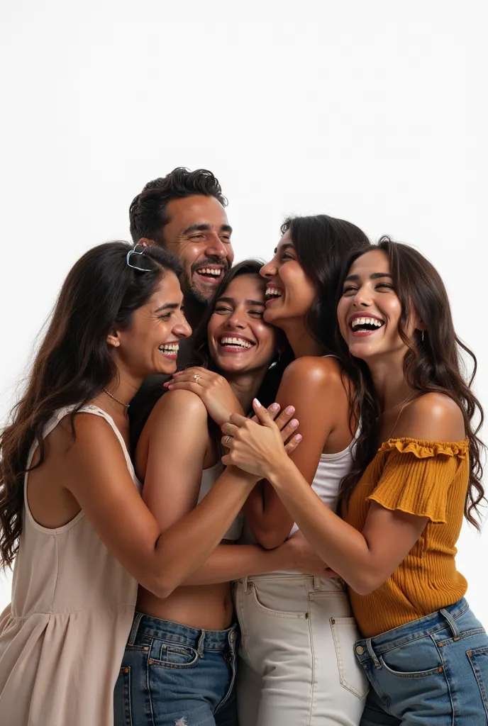 REUNITED PEOPLE LATINAS MEXICANAS MEN AND WOMEN TEAMWORK, They hug each other, They celebrate, White background