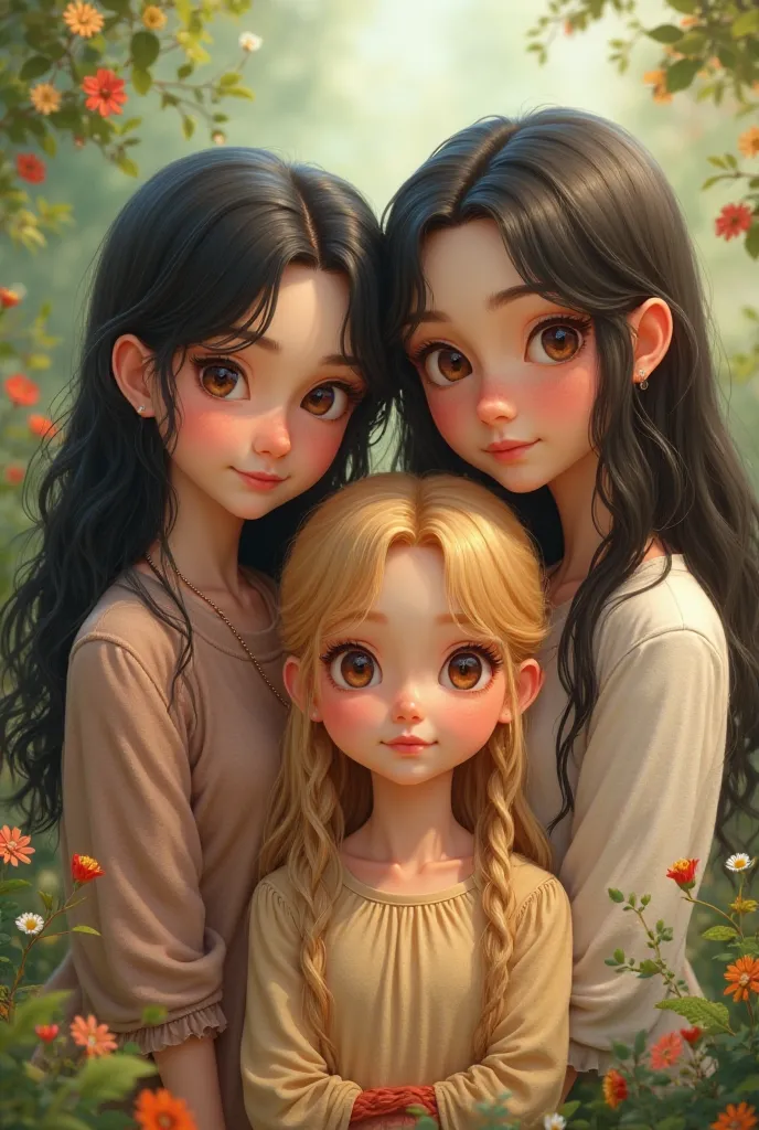 Two big sisters with black hair and another blonde with brown eyes 
