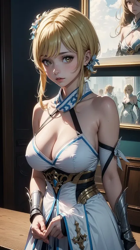  (masterpiece, top quality, best quality, official art, beautiful and aesthetic:1.2), (beautiful face), 
extremely detailed,colorful,highest detailed, bright eyes, (huge breasts), (cleavage:1.2), ((luminedef)), show the front of the body, standing, bright ...