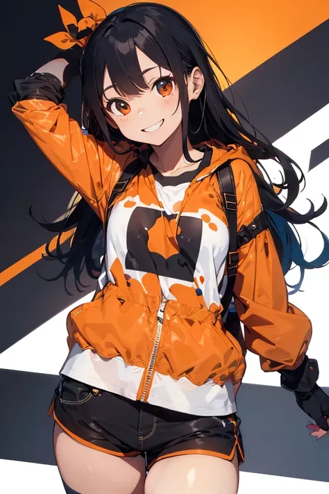 Young  ,  long hair, loose and multicolored, black hair and orange hair, Wearing a black and orange jacket,  white blouse underneath, shorts,and gloves , smiling. best quality, HD, masterpiece, detailed 1.2