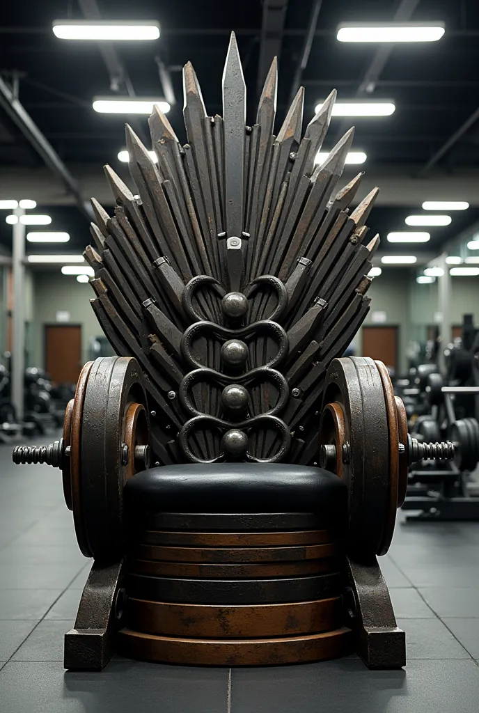 Imagine an imposing throne, built with rings of different weights and colors, strategically stacked for form the seat and backrest structure. The larger rings form the base, while the smaller ones create details and supports for the arms. Dumbbells are use...