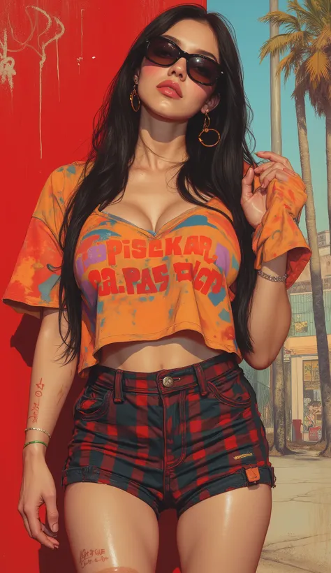 Flat Illustration artwork, ((young 24 year old Maggie cheung)) in a oversized crop top and shorts in a fashion pose in front of simple background, up close red lips, wear dark sunglasses, korean pop-star, big smile, black hair, pretty hands, fringe, simple...