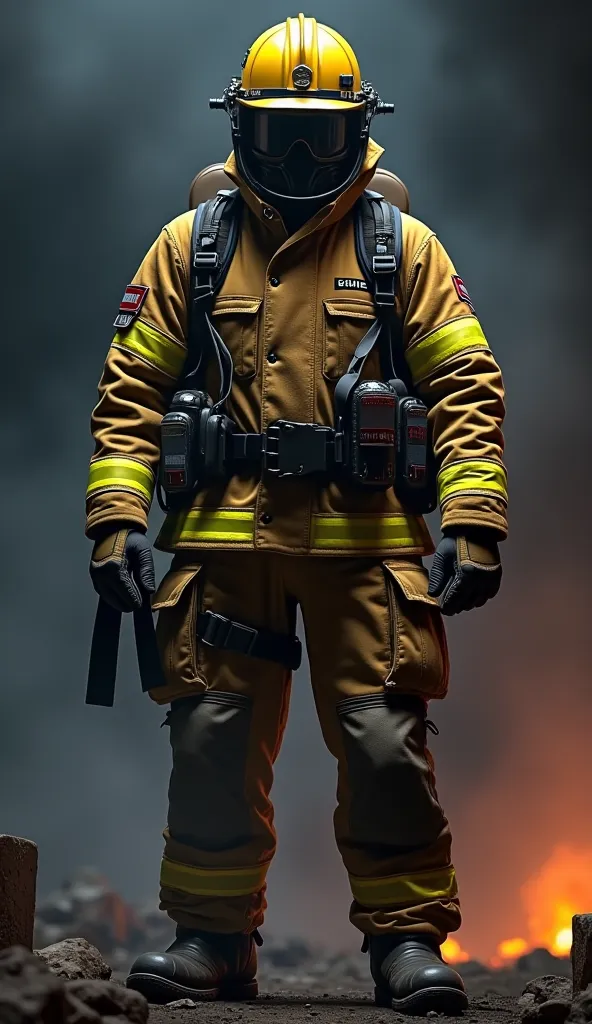 create an image of an equipped firefighter looking at the center of the image 