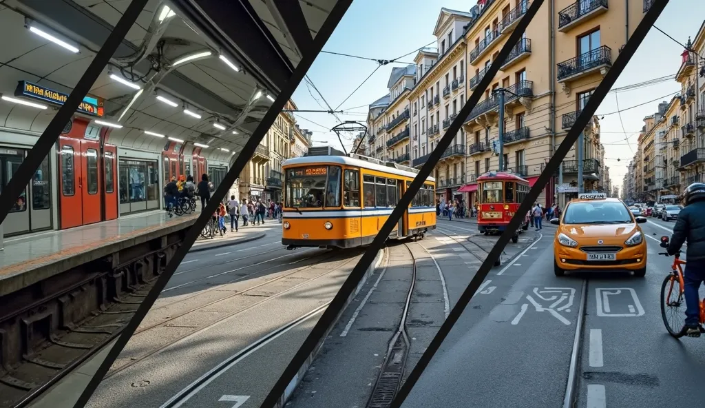 A high-resolution photorealistic composite image of a city's transportation system, divided diagonally into multiple sections with bold black lines. Each section showcases a different real-world mode of transport:

A modern metro train inside an undergroun...