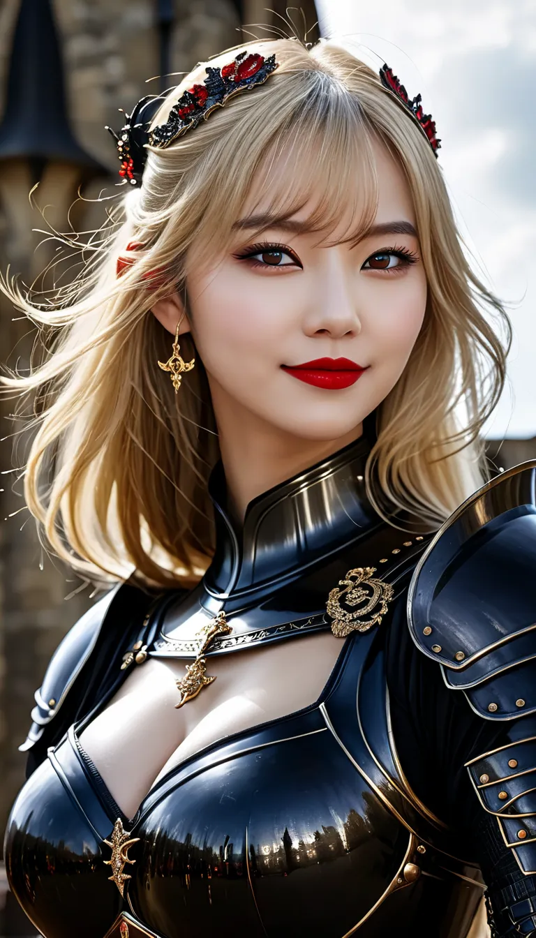       masterpiece,            top quality,High-ranking knight,(女性 Black Knight            _ Black Knight            :1),(Jet Black Armor:1.3), (35歳の女性 Black Knight            :1.3),、(((Very large and heavy breasts)))　    Crosseye                   　,      ...