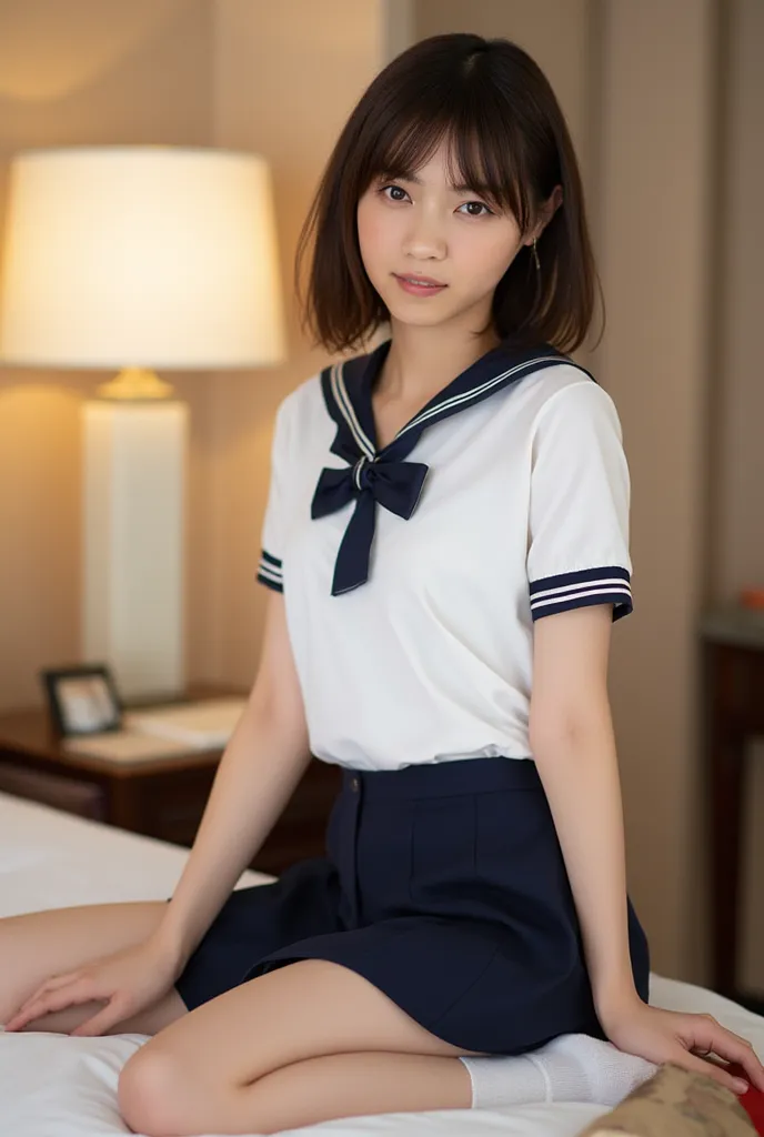 (Masterpiece, Best quality:1.4), (Ultra realistic, Photo-realistic:1.3), nsfw, (Wearing Sailor suit, White short sleeve:1.3), (Dark navy skirt:1.2), (Wearing white sock), (small breasts), Natural light, 20 years old actor, Japanese woman, Neat and clean, p...