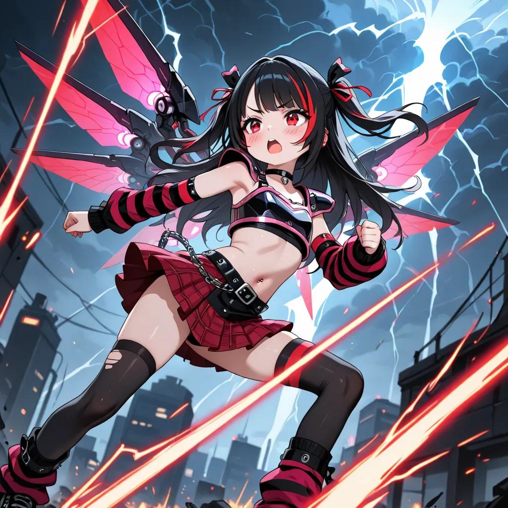 punk fashion, jirai kei, android, mecha, cyber, cyber punk, 1 girl, solo, loli, short long hair, black hair, highlights hair, streaked hair, red highlights hair, red streaked hair, red eyes, open mouth, blush, black armor, choker, stripe arm warmers, (red ...