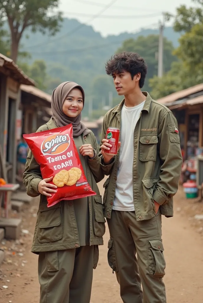 A beautiful woman wearing a hijab wearing a Muslim style t-shirt wearing a wide cargo shirt with many pockets, a handsome Korean guy with curly hair wearing a t-shirt, wearing short Cargo pants , the woman is seen holding a giant pack of Snack potato chips...