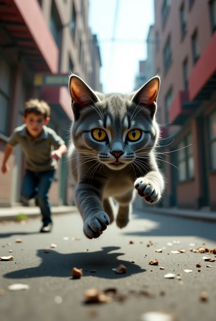 A gray cat running on a street , with a fish in his hands, And a person in the back chasing him 