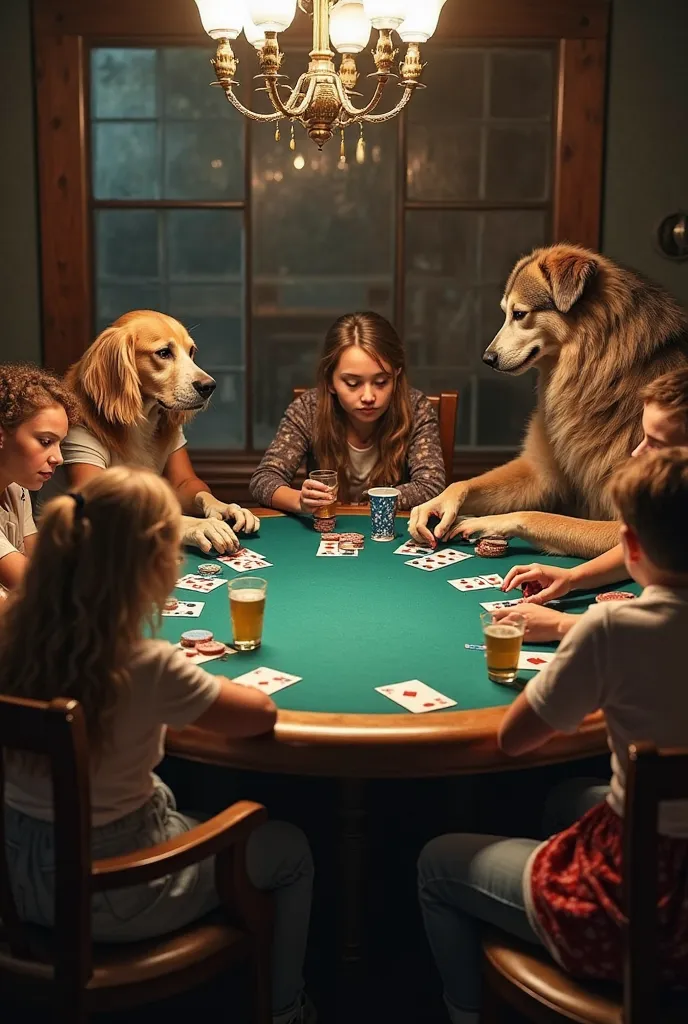 "At a six-seat poker table, unusual players are sitting: dogs, sharks, and people. On the table are laid out cards, chips, and drinks. A young guy at the table calls his father and says: 'Dad, I have a royal flush! Please bring lots and lots of money, ever...