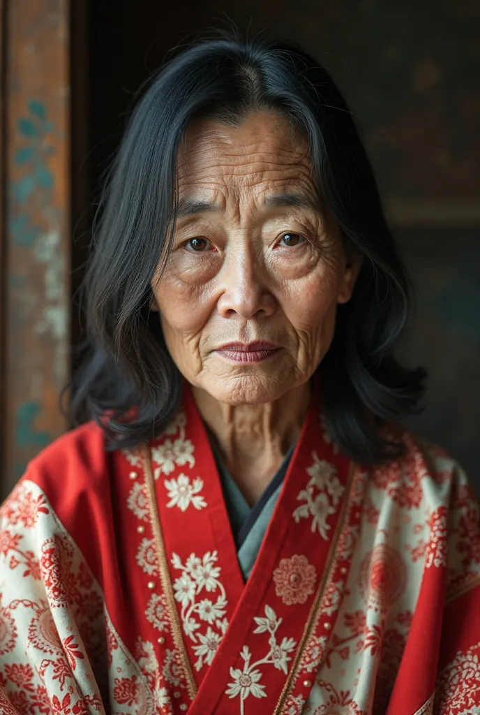 Old witch in her 60s with noticeable wrinkles with Asian features, Somewhat small, shoulder-length hair, smooth and black. Dressed in red and white kimono