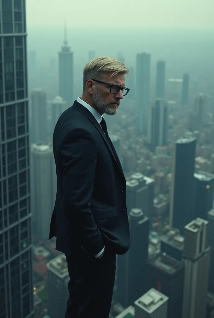 Create me the trainer from 1. FC Nürnberg . He is blonde has glasses and a blonde beard. He is standing on the edge of a high-rise building in a suit and looks down sadly 